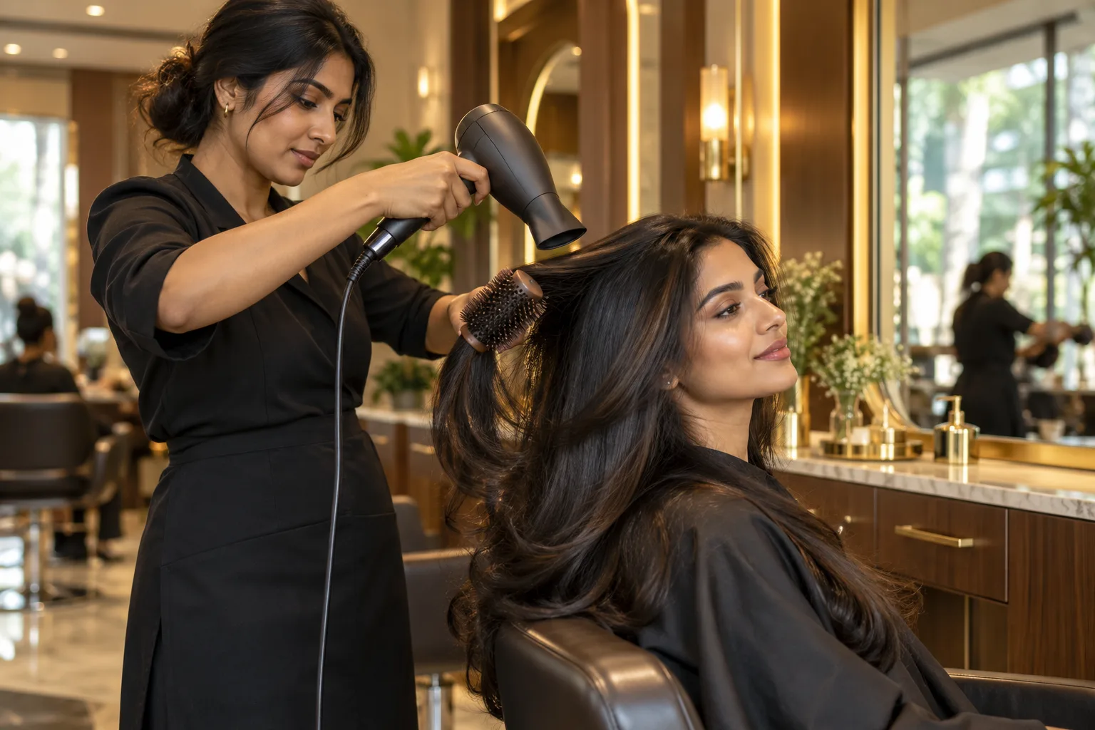 Stylist blow-drying a client's long hair in a salon